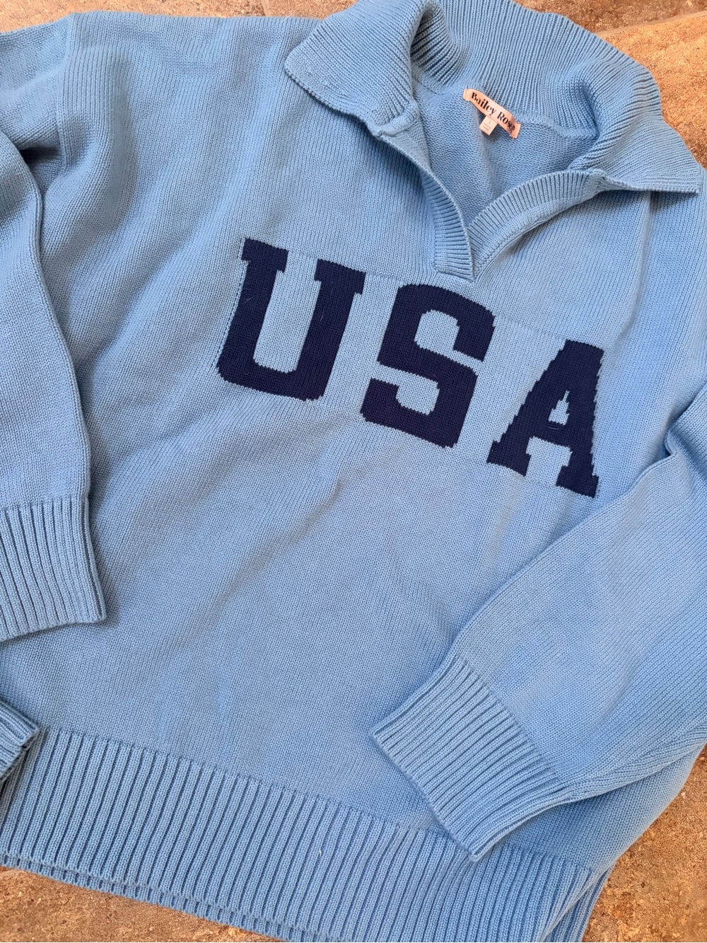 Light Blue V-Neck Sweater with Navy 'USA' Intarsia by Polo Ralph Lauren
